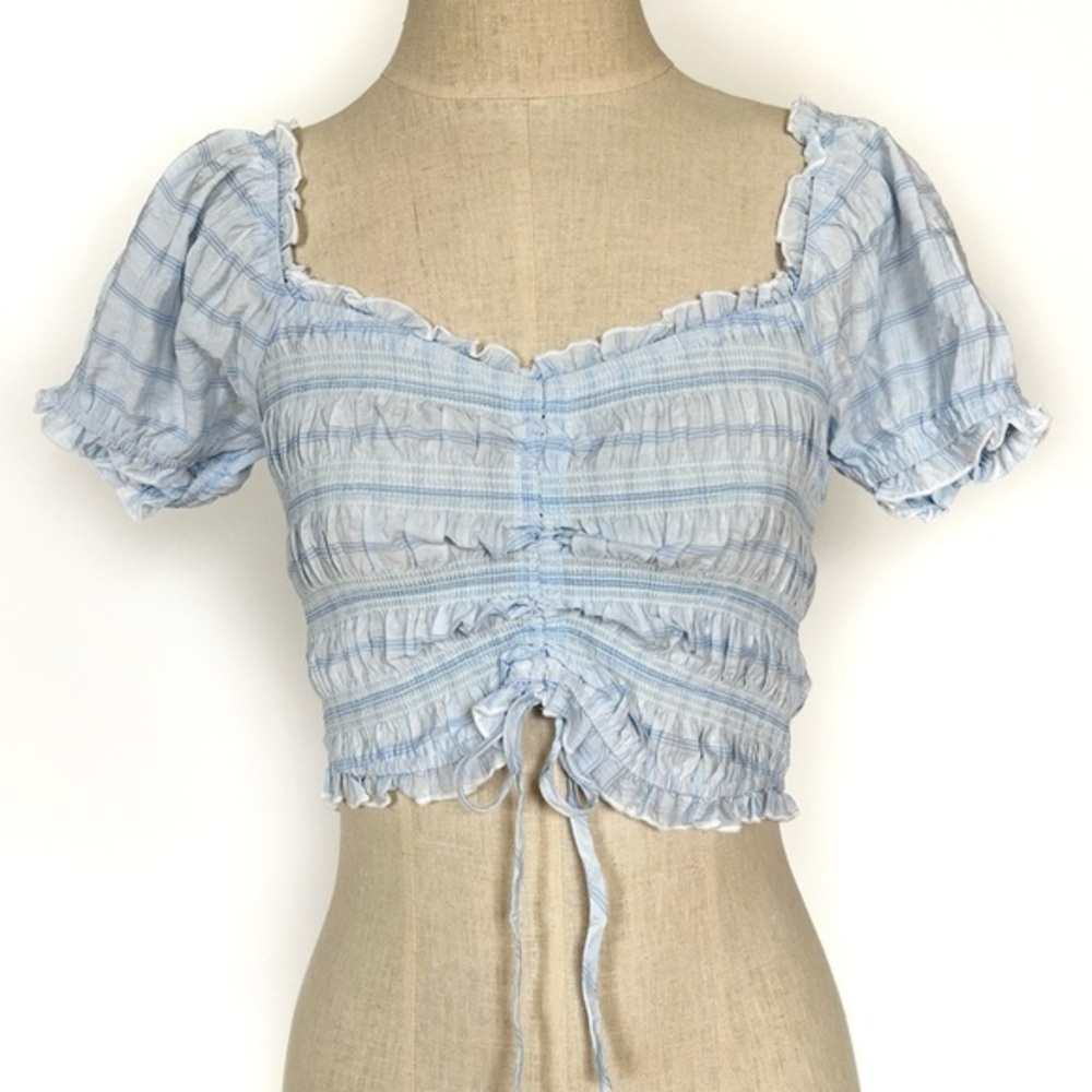 Forever 21 Light Blue Ruched Tie Front Puff Sleeve Crop Top Size Medium